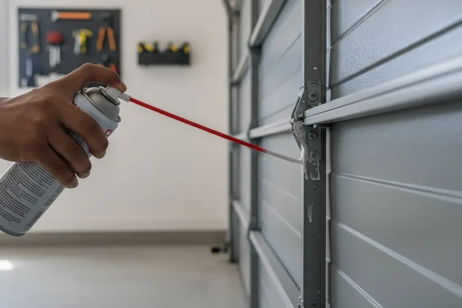Lubricant being applied to garage door hinge and roller during maintenance