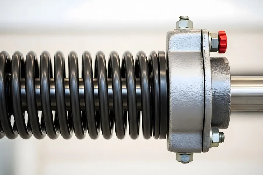 Close-up of a torsion spring and bearing plate on a garage door
